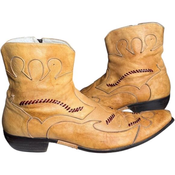 Vintage Jo Ghost Italian Western Cowboy Ankle Boots Tan Leather Size 45 11.5-12 - Picture 3 of 16